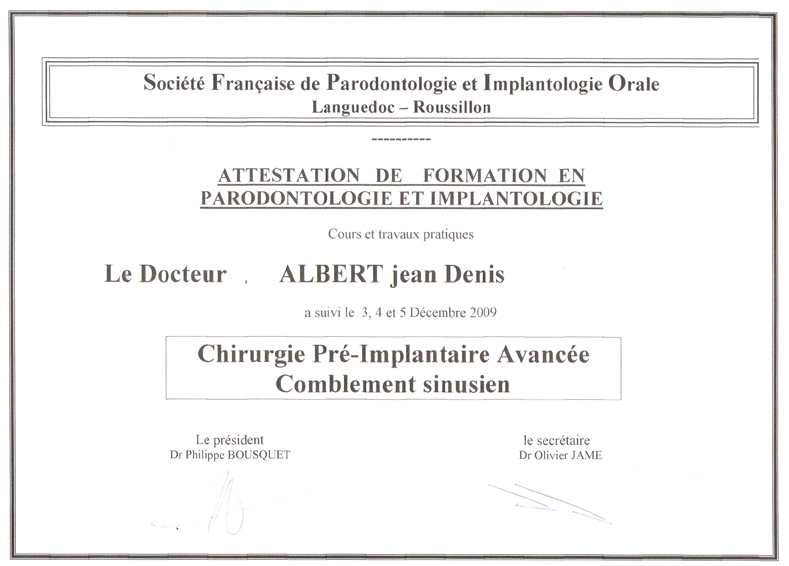 Docteur Jean-Denis Albert Attestation en parodontologie et Implantologie